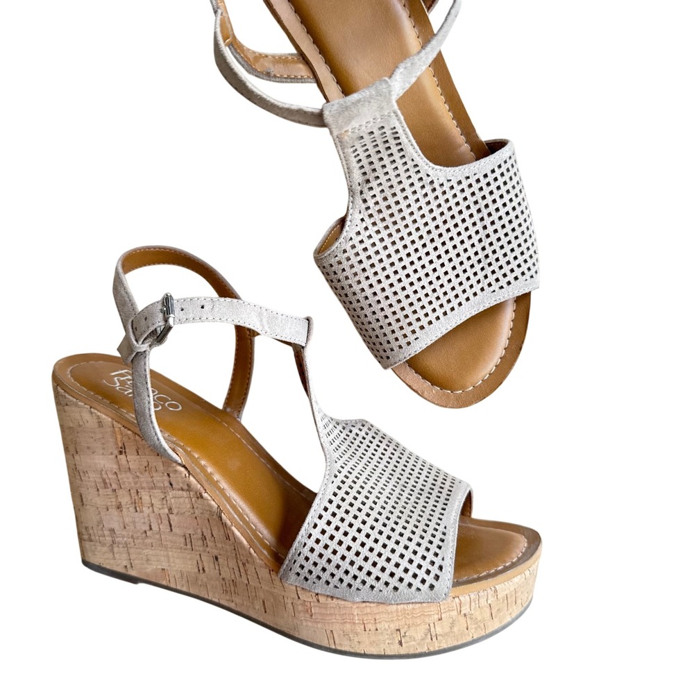 Franco Sarto Wedge Sandals Womens 8.5M Grey Perforated Cork Platform Boho summer